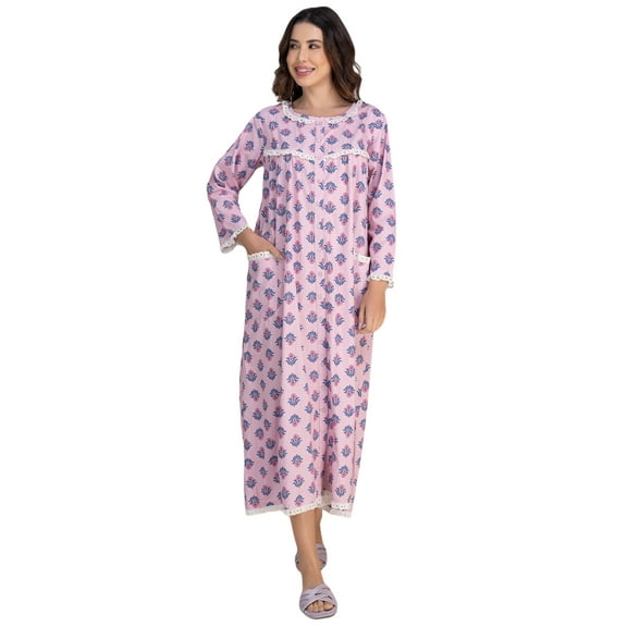 Moomaya Women's Cotton Maxi Nightdress | Printed A-Line Sleepwear | 3/4 Sleeve Round Neck Lounge Dress