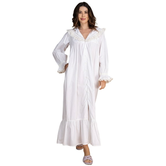 Moomaya Women's Cotton Nightdress | Long Maxi Lounge Nightwear | Button-Down Sleepwear With Frill & Lace