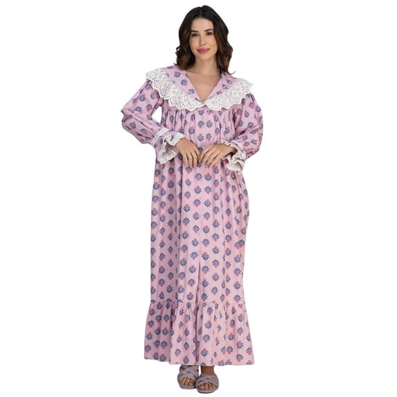 Moomaya Women's Cotton Nightdress | Long Maxi Lounge Nightwear | Button-Down Sleepwear With Frill & Lace
