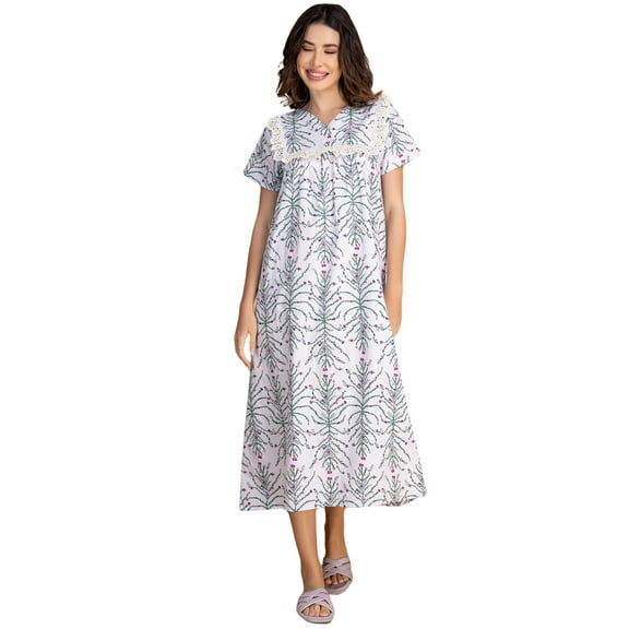 Moomaya Women's Cotton Nightdress | V-Neck Frill Lace Sleepwear | Soft & Breathable Mid-Calf Lounge Dress