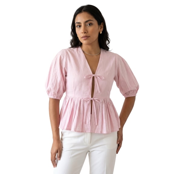 Moomaya Women’s Cotton Poplin Peplum Top, Tie-Front V-Neck Blouse with Puff Sleeves for Summer, Resort Wear & Casual Outings