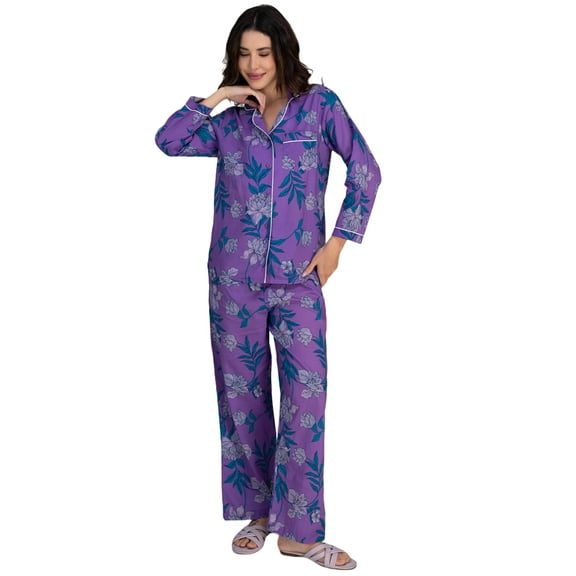 Moomaya Women's Cotton Printed Nightwear Set - Notch Lapel Shirt & Pajama Lounge Suit