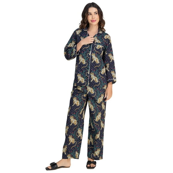 Moomaya Women's Cotton Printed Nightwear Set - Notch Lapel Shirt & Pajama Lounge Suit
