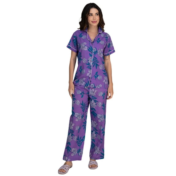 Moomaya Women's Cotton Printed Pajama Set - Soft Button-Down Night Suit With Short Sleeves