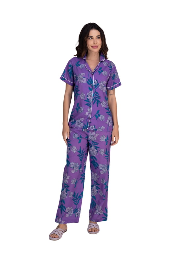 Women's Cotton Printed Pajama Set - Soft Button-Down Night Suit With Short Sleeves