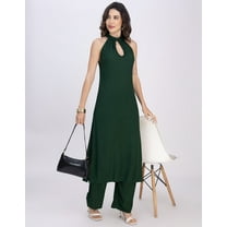 Moomaya Women's Crinkle Rayon Kurta Palazzo Set | Sleeveless Halter Neck Ethnic Fusion Outfit | Soft & Comfy 2-Piece Indian Wear With Pockets