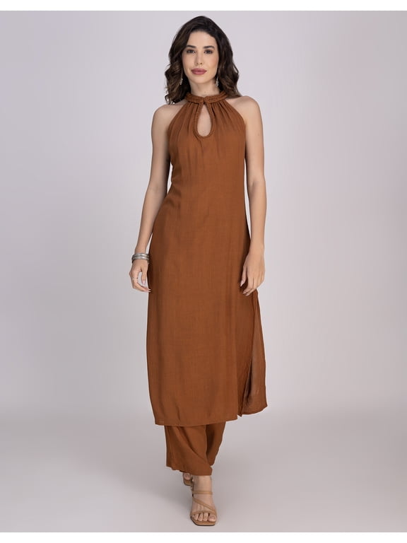 Women's Crinkle Rayon Kurta Palazzo Set | Sleeveless Halter Neck Ethnic Fusion Outfit | Soft & Comfy 2-Piece Indian Wear With Pockets
