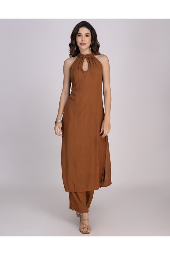 Women's Crinkle Rayon Kurta Palazzo Set | Sleeveless Halter Neck Ethnic Fusion Outfit | Soft & Comfy 2-Piece Indian Wear With Pockets