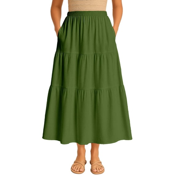 Moomaya Women's Elastic Waist Skirt | Solid Bohemian Style Rayon Maxi with Side Pockets | Tiered Flowy Skirt with Pockets