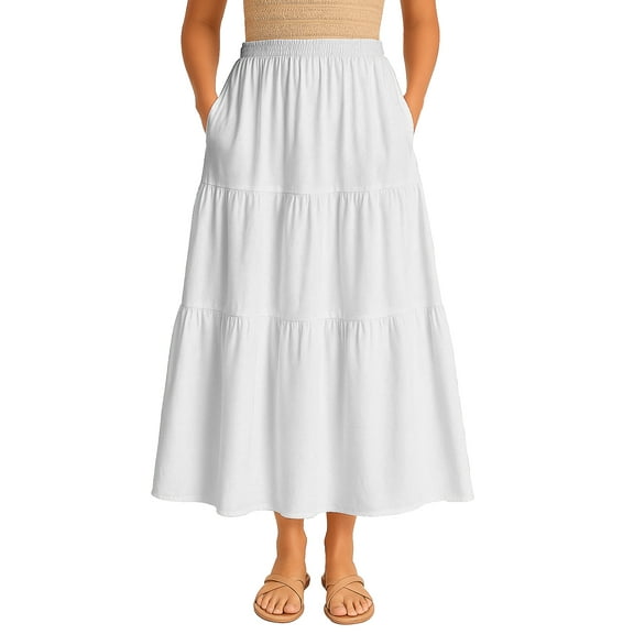 Moomaya Women's Elastic Waist Skirt | Solid Bohemian Style Rayon Maxi with Side Pockets | Tiered Flowy Skirt with Pockets