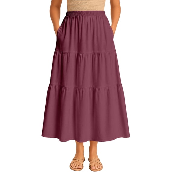 Moomaya Women's Elastic Waist Skirt | Solid Bohemian Style Rayon Maxi with Side Pockets | Tiered Flowy Skirt with Pockets