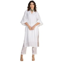Moomaya Women's Exclusive 2-Piece Kurta & Pant Set | Designer Roman Silk Outfit With V-Neck, Puffed Sleeves & Pockets - Ethnic Wear