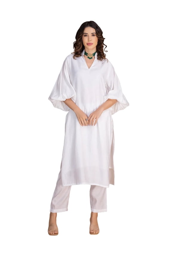 Women's Exclusive 2-Piece Kurta & Pant Set | Designer Roman Silk Outfit With V-Neck, Puffed Sleeves & Pockets - Ethnic Wear