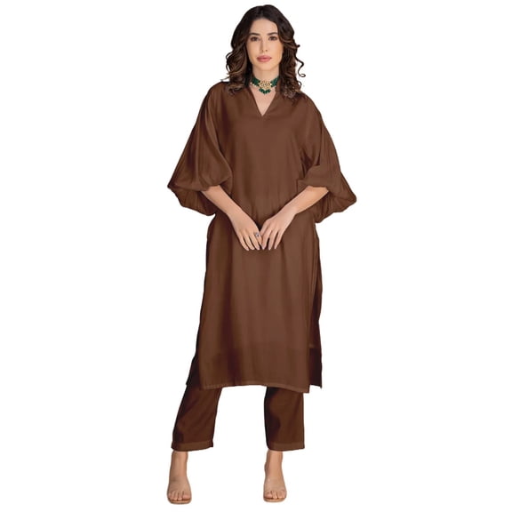 Moomaya Women's Exclusive 2-Piece Kurta & Pant Set | Designer Roman Silk Outfit With V-Neck, Puffed Sleeves & Pockets - Ethnic Wear
