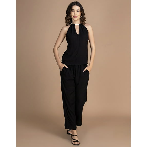 Moomaya Women's Halter Neck Co-Ord Set | 2-Piece Sleeveless Top & Palazzo Pants | Crinkle Rayon Chic Loungewear With Pockets | Casual Summer Outfit