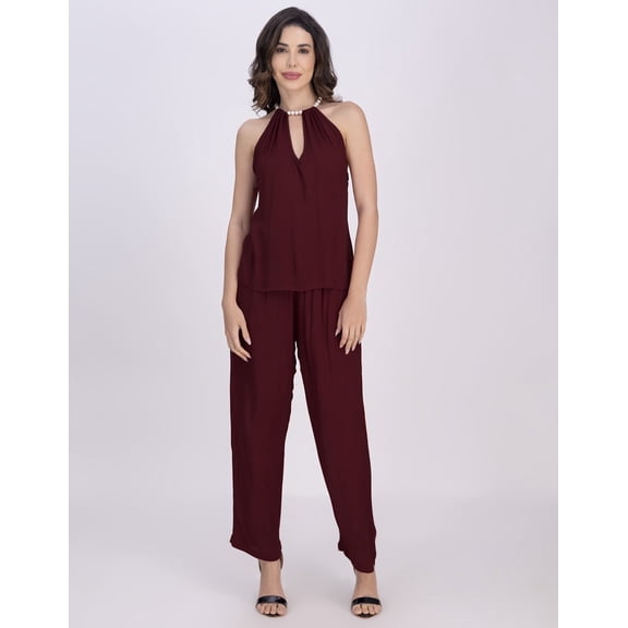 Moomaya Women's Halter Neck Co-Ord Set | 2-Piece Sleeveless Top & Palazzo Pants | Crinkle Rayon Chic Loungewear With Pockets | Casual Summer Outfit