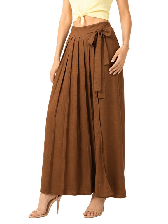 Women's High Waist Pleated Cotton Wrap Wide Leg Pants Trouser