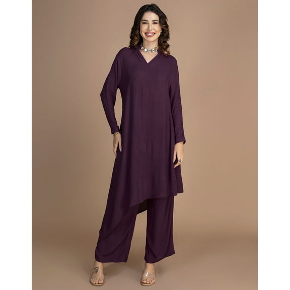 Moomaya Women's Indo-Western Co-Ord Set | Rayon Asymmetric Long Kurta With Palazzo Pants | 2-Piece Outfit With 3/4 Sleeves & V-Neck - Comfortable & Breathable