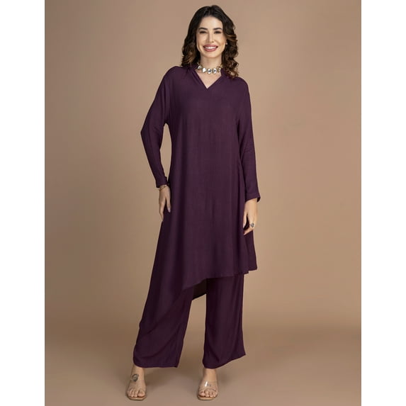 Moomaya Women's Indo-Western Co-Ord Set | Rayon Asymmetric Long Kurta With Palazzo Pants | 2-Piece Outfit With 3/4 Sleeves & V-Neck - Comfortable & Breathable