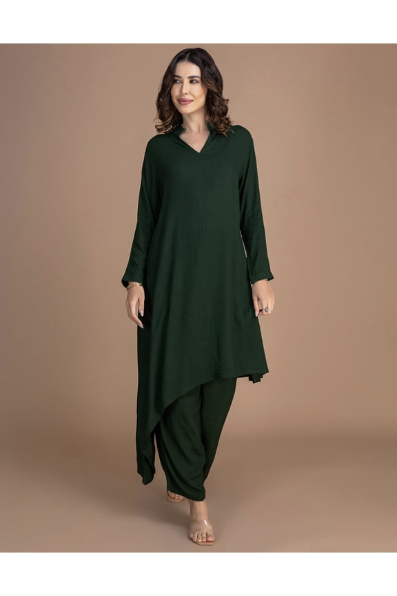 Women's Indo-Western Co-Ord Set | Rayon Asymmetric Long Kurta With Palazzo Pants | 2-Piece Outfit With 3/4 Sleeves & V-Neck - Comfortable & Breathable