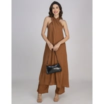 Moomaya Women's Indo-Western Co-Ord Set | Rayon Draped Halter Neck Kurta With Palazzo Pants | Sleeveless Indian Wear Outfit With Pockets - 2-Piece Set