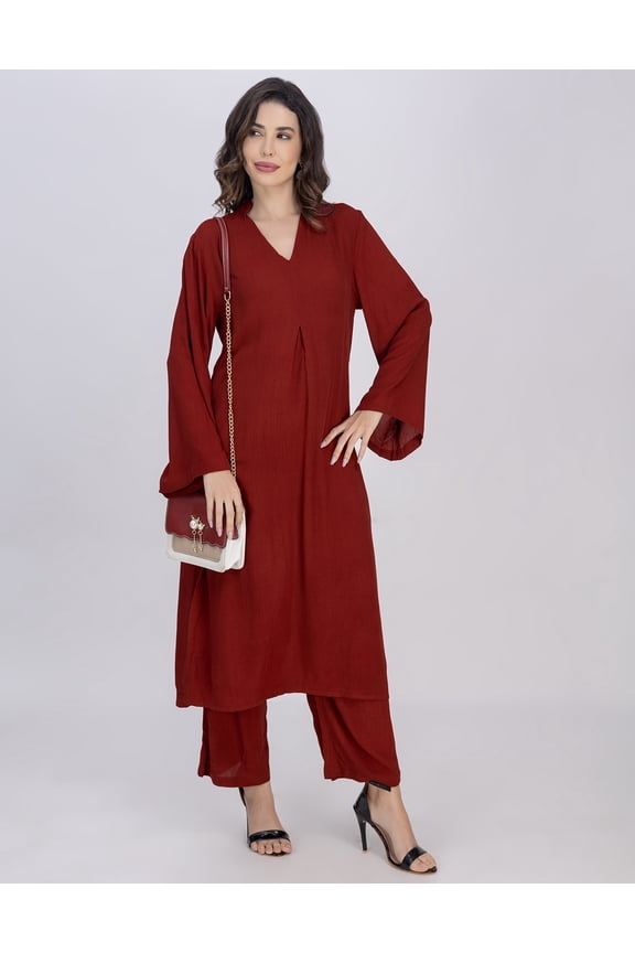 Women's Pleated Kurta Palazzo Set | Crinkle Rayon Indo-Western Outfit | Long Bell Sleeve Ethnic Fusion Wear With Pockets - 2-Piece