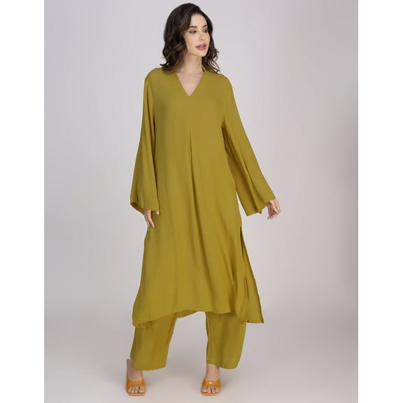 Moomaya Women's Pleated Kurta Palazzo Set | Crinkle Rayon Indo-Western Outfit | Long Bell Sleeve Ethnic Fusion Wear With Pockets - 2-Piece