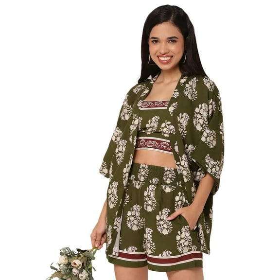 Moomaya Women's Printed 3 Piece Cord Set Vacation Co-Ords For Summer, Beach Wear