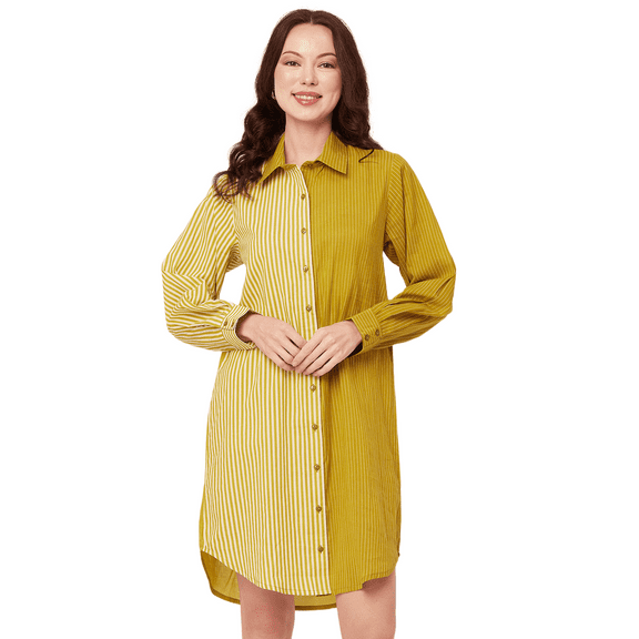 Moomaya Women's Printed Button Down Shirt Dress, Cuffed Sleeves Collared Dress