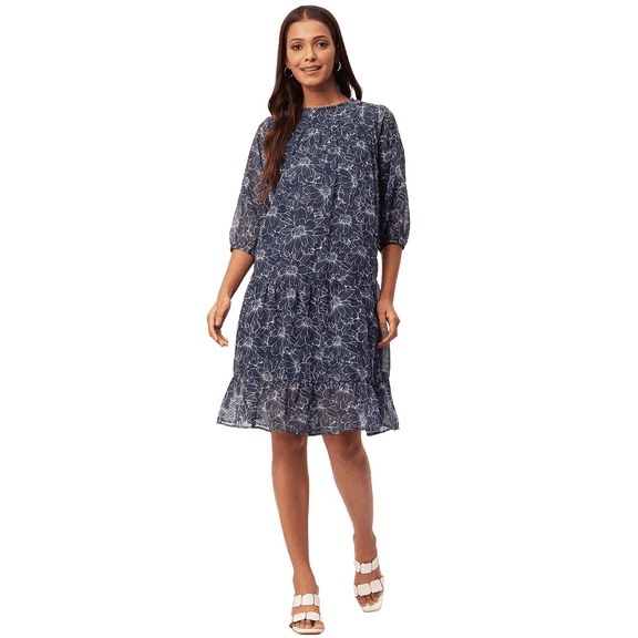 Moomaya Women's Printed Chiffon Dress, Puffed Sleeves, Knee Length Flared Summer Dress