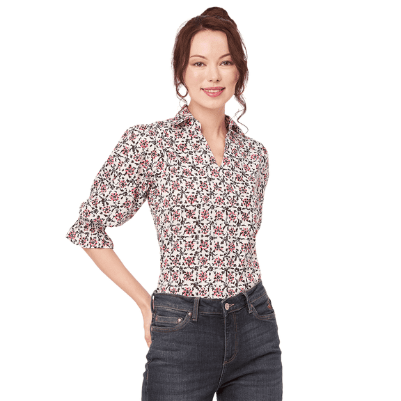 Moomaya Women's Printed Collared Shirt Top, Bishop Sleeves Poly Crepe Tunic