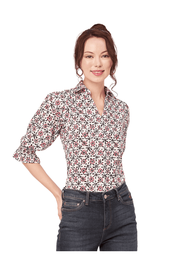 Women's Printed Collared Shirt Top, Bishop Sleeves Poly Crepe Tunic