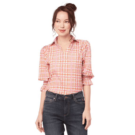 Moomaya Women's Printed Collared Shirt Top, Bishop Sleeves Poly Crepe Tunic