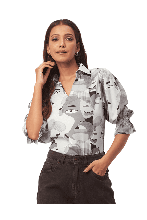 Women's Printed Collared Shirt Top, Bishop Sleeves Poly Crepe Tunic