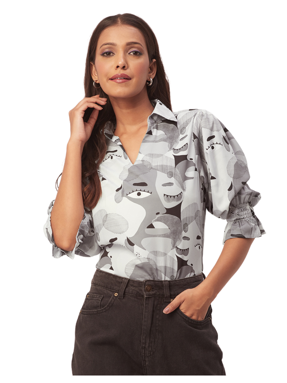 Women's Printed Collared Shirt Top, Bishop Sleeves Poly Crepe Tunic