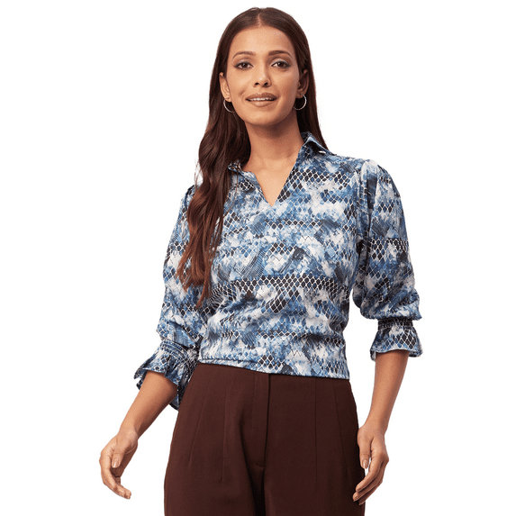 Moomaya Women's Printed Collared Shirt Top, Bishop Sleeves Poly Crepe Tunic