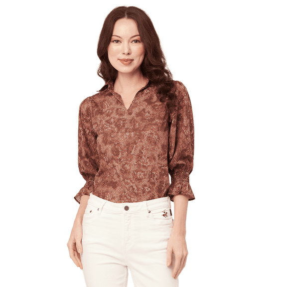 Moomaya Women's Printed Collared Shirt Top, Bishop Sleeves Poly Crepe Tunic