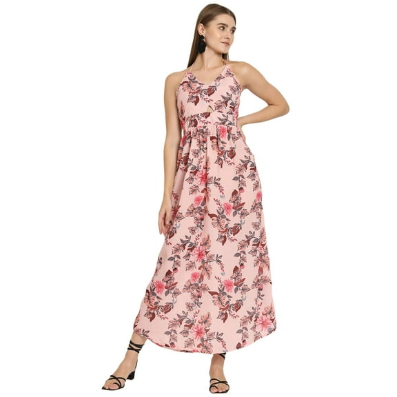 Moomaya Women's Printed Cut Out Halter Dress, Sleeveless Maxi V-Neck Dress