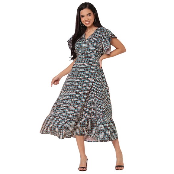 Moomaya Women's Printed Dress, V-Neck, Short Sleeves, Ruffled Midi Summer Dress