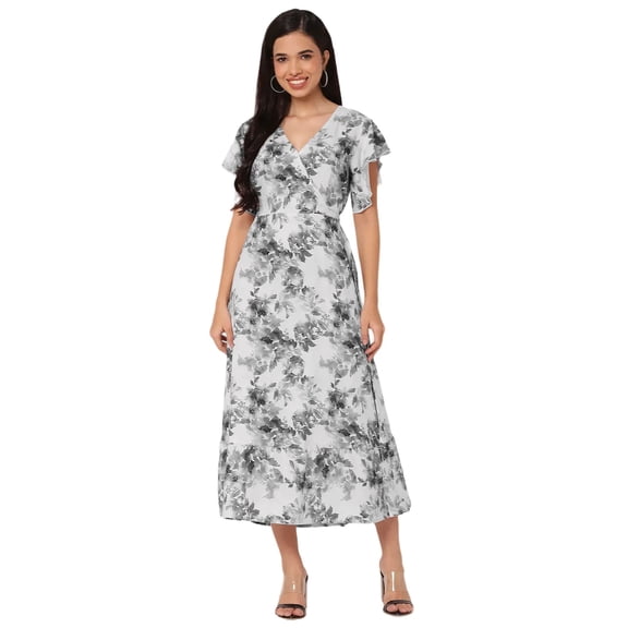 Moomaya Women's Printed Dress, V-Neck, Short Sleeves, Ruffled Midi Summer Dress