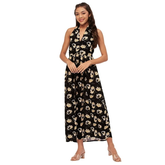 Moomaya Women's Printed Halter Maxi Dress, Sleeveless V-Neck Evening Dress