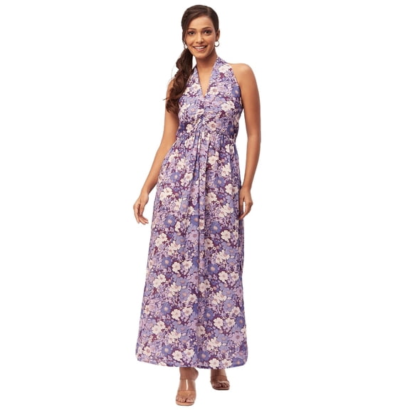 Moomaya Women's Printed Halter Maxi Dress, Sleeveless V-Neck Evening Dress