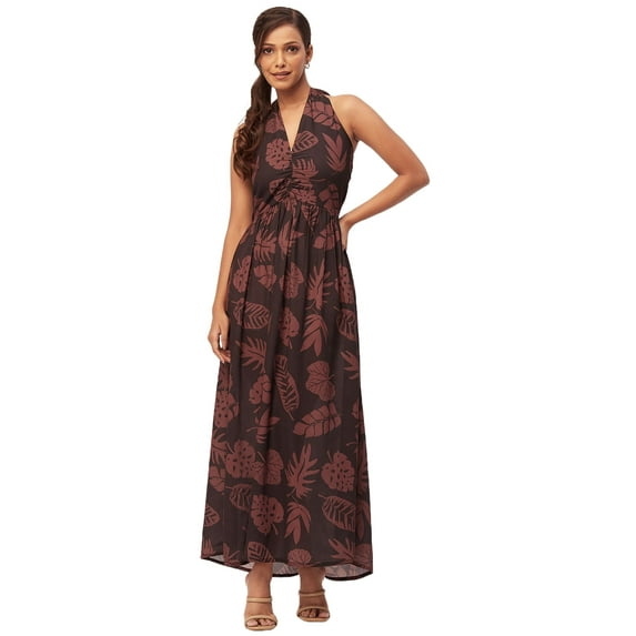 Moomaya Women's Printed Halter Maxi Dress, Sleeveless V-Neck Evening Dress