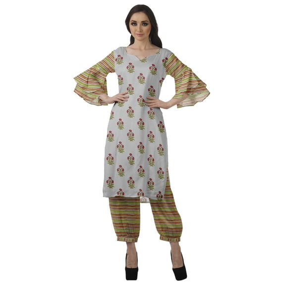 Moomaya Women's Printed Indian Ethnic Clothing Set-Printed Kurta w/ Pants, Designer Tunic Dress