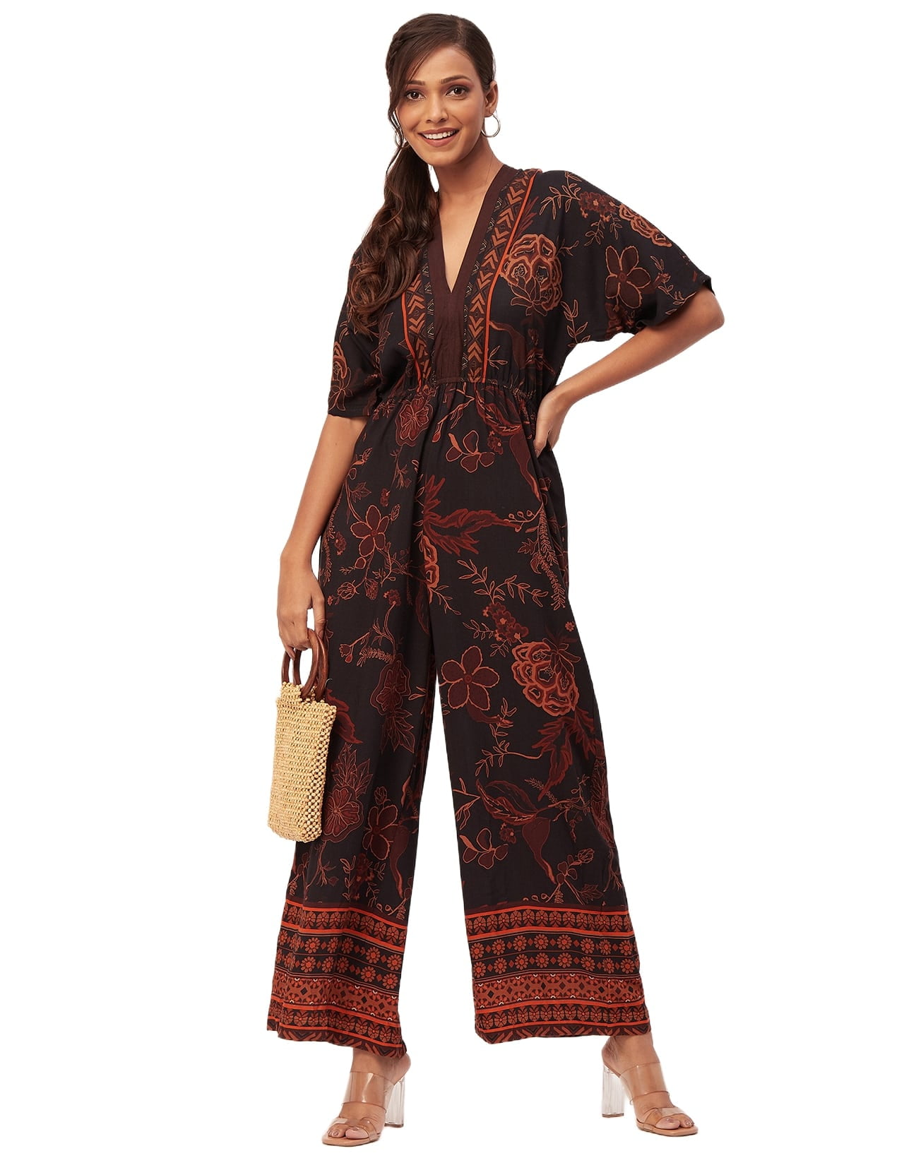 Fashion V Collar Loose Floral Printed Jumpsuit Fashion V Collar Loose Floral Printed Jumpsuit
