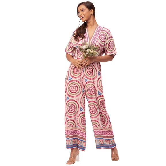 Moomaya Women's Printed Jumpsuit, V-Neck Sleeveless Wide Leg Loose Boho Style Jumpsuits