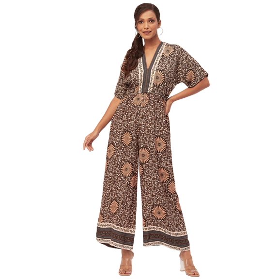 Moomaya Women's Printed Jumpsuit, V-Neck Sleeveless Wide Leg Loose Boho Style Jumpsuits