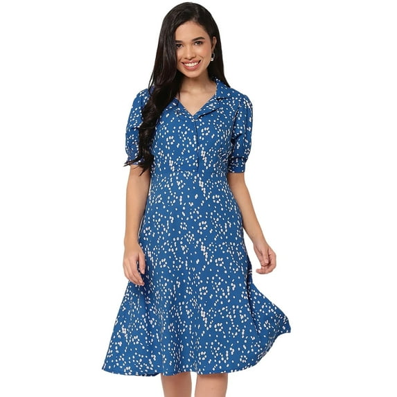 Moomaya Women's Printed Lapel Collar Dress Puff Sleeves Knee Dress With Pockets