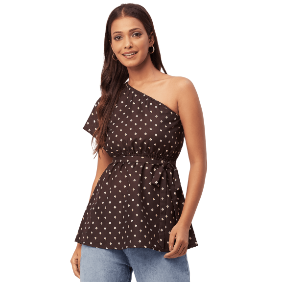 Moomaya Women's Printed One Shoulder Casual Top, Regular Fit Peplum Short Top