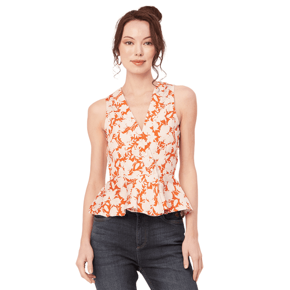 Moomaya Women's Printed Peplum Top, V Neck Sleeveless Cotton Slub Formal Top Blouse